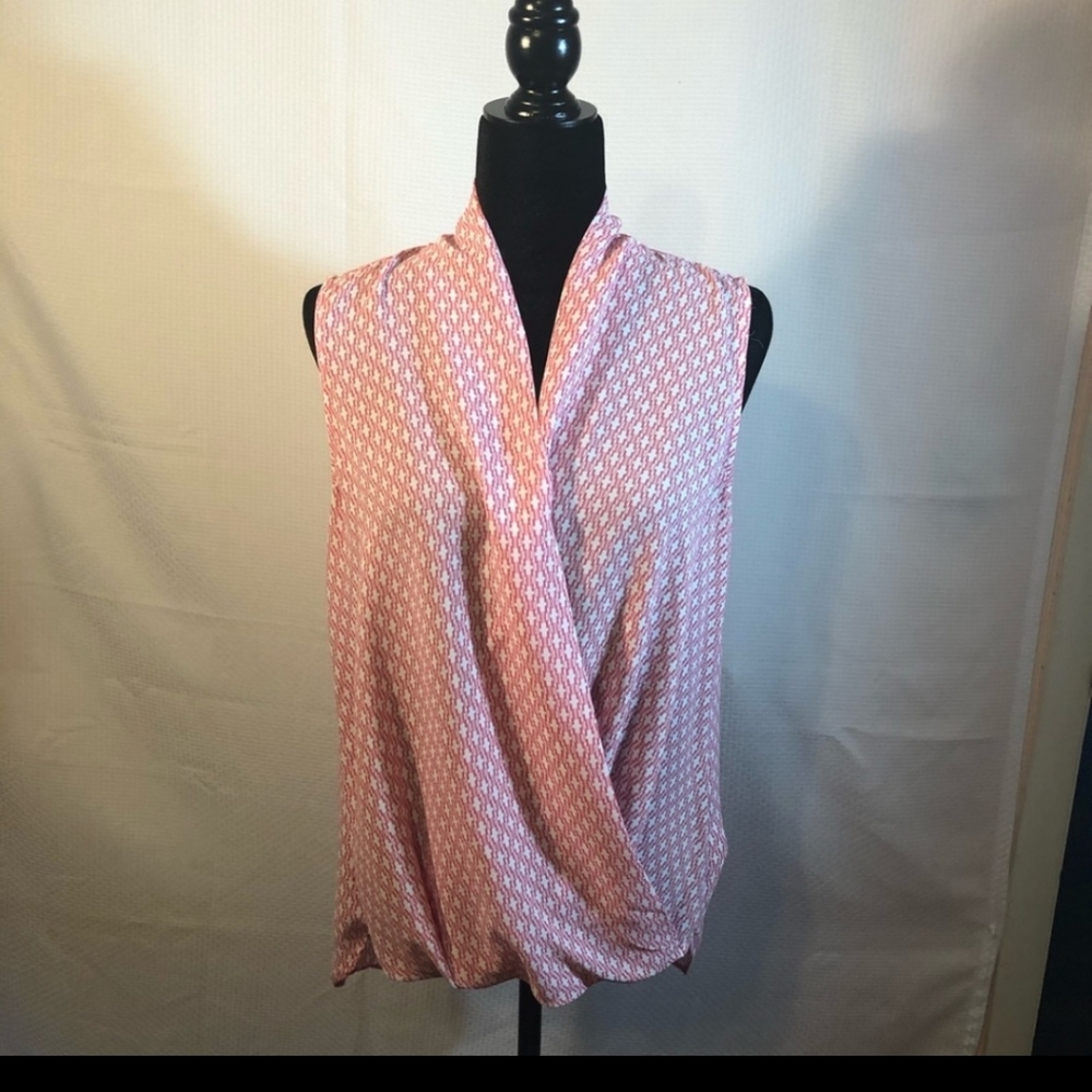 Pleione drape front blouse in pink and white.